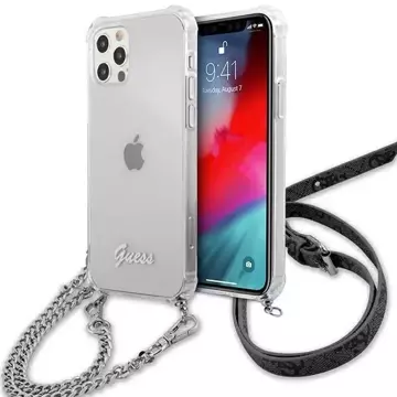 Guess GUHCP12MKC4GSSI iPhone 12/12 Pro 6,1" průhledný pevný kryt 4G stříbrný řetízek