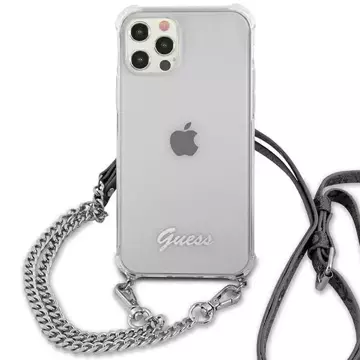 Guess GUHCP12MKC4GSSI iPhone 12/12 Pro 6,1" průhledný pevný kryt 4G stříbrný řetízek