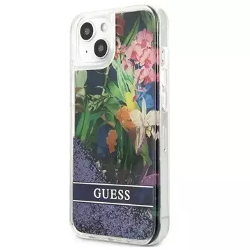 Guess GUHCP13MLFLSB iPhone 13 6,1" niebieski/modrý pevný obal Flower Liquid Glitter