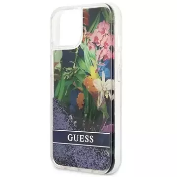 Guess GUHCP13MLFLSB iPhone 13 6,1" niebieski/modrý pevný obal Flower Liquid Glitter