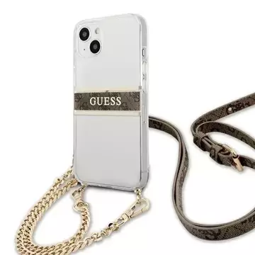 Guess GUHCP13SKC4GBGO iPhone 13 mini 5,4" průhledný pevný obal 4G hnědý řemínek zlatý řetízek