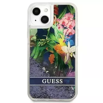 Guess GUHCP13SLFLSB iPhone 13 mini 5,4" niebieski/modrý pevný obal Flower Liquid Glitter