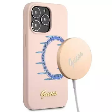 Guess GUHMP13LLSLMGLP iPhone 13 Pro / 13 6,1" jasný/světle růžový pevný obal Silicone Script Gold Logo Magsafe