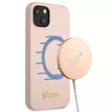 Guess GUHMP13MLSLMGLP iPhone 13 6,1" jasný/světle růžový pevný obal Silikonový Script Gold Logo Magsafe