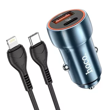 HOCO nabíječka do auta USB A typ C kabel typu C do Lightning PD QC3.0 3A 20W Z46A modrá