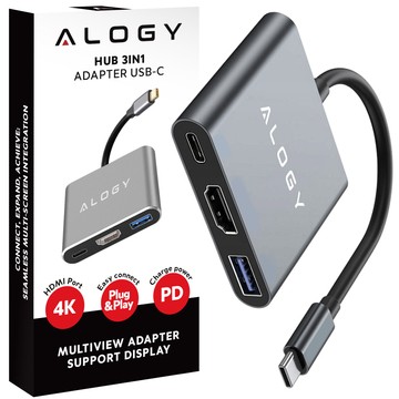 HUB 3v1 adaptér USB-C na HDMI USB-A USB-C 4K 60Hz Alogy šedá