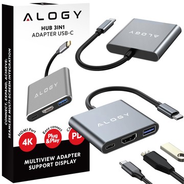 HUB 3v1 adaptér USB-C na HDMI USB-A USB-C 4K 60Hz Alogy šedá