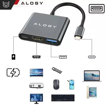 HUB 3v1 adaptér USB-C na HDMI USB-A USB-C 4K 60Hz Alogy šedá