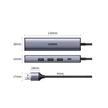 HUB UGREEN multifunkční adaptér HUB USB 3.0 - 3 x USB / Ethernet RJ-45 / USB Typ C PD šedý (CM475)