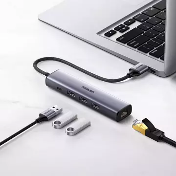 HUB UGREEN multifunkční adaptér HUB USB 3.0 - 3 x USB / Ethernet RJ-45 / USB Typ C PD šedý (CM475)