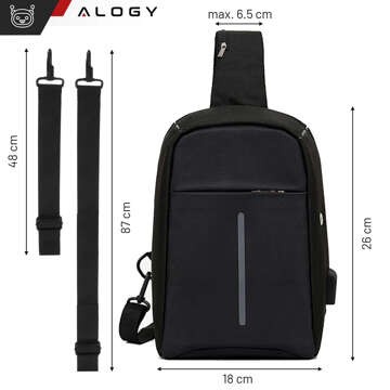 Jednoramenný batoh pro muže, ženy, do školy, mládeže, do města, malý, Black Alogy, s USB, ochrana proti krádeži