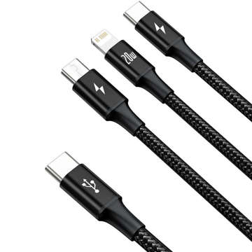 Kabel 3w1 Baseus Rapid Series USB-C do micro USB Lightning USB-C PD 20W 1,5m Czarny