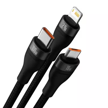 Kabel USB 3w1 Baseus Flash Series, USB-C micro USB Lightning, 100W, 1,2m (černý)