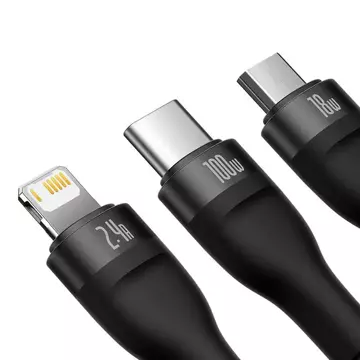 Kabel USB 3w1 Baseus Flash Series, USB-C micro USB Lightning, 100W, 1,2m (černý)