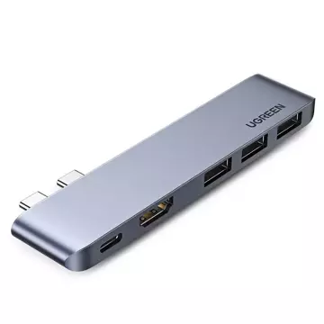 Multifunkční HUB UGREEN 2x USB Type C na USB Type C PD (Thunderbolt 3, 100 W, 4K@60 Hz, 10 Gbps) / HDMI 4K@30 Hz / 3x USB 3.0 pro MacBook Pro / Air šedá (60559)