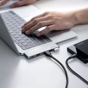 Multifunkční HUB UGREEN 2x USB Type C na USB Type C PD (Thunderbolt 3, 100 W, 4K@60 Hz, 10 Gbps) / HDMI 4K@30 Hz / 3x USB 3.0 pro MacBook Pro / Air šedá (60559)