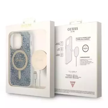 Nabíječka pouzdra Zestaw Guess GUBPP14LH4EACSB pro iPhone 14 Pro 6,1" niebieski/modré pevné pouzdro 4G Print MagSafe