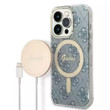 Nabíječka pouzdra Zestaw Guess GUBPP14LH4EACSB pro iPhone 14 Pro 6,1" niebieski/modré pevné pouzdro 4G Print MagSafe