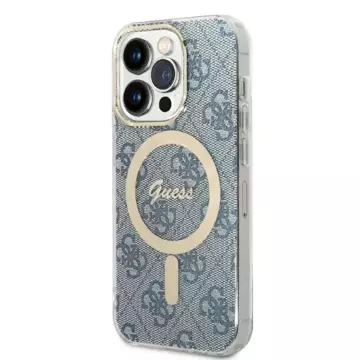 Nabíječka pouzdra Zestaw Guess GUBPP14LH4EACSB pro iPhone 14 Pro 6,1" niebieski/modré pevné pouzdro 4G Print MagSafe