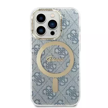 Nabíječka pouzdra Zestaw Guess GUBPP14LH4EACSB pro iPhone 14 Pro 6,1" niebieski/modré pevné pouzdro 4G Print MagSafe