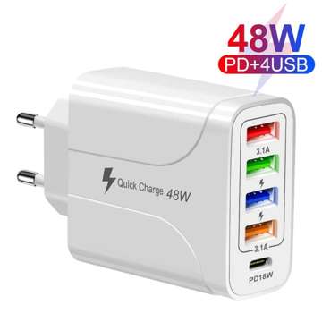 Nástěnná nabíječka 48W Rychlá nabíječka 4x USB 1x USB-C QC 3.0 Power Delivery PD 18W bílá