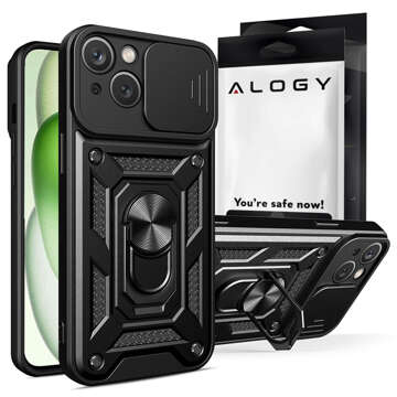 Obrněné pouzdro pro iPhone 15 Camshield Case Ring Alogy Stand s posuvným krytem fotoaparátu, černé