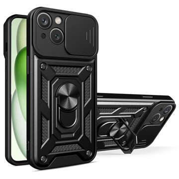 Obrněné pouzdro pro iPhone 15 Plus Camshield Case Ring Alogy Stand s posuvným krytem fotoaparátu, černé