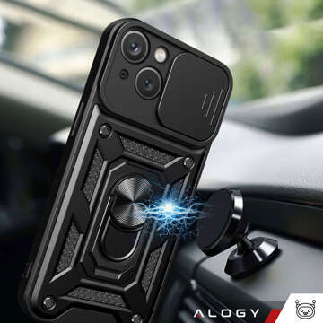 Obrněné pouzdro pro iPhone 15 Plus Camshield Case Ring Alogy Stand s posuvným krytem fotoaparátu, černé