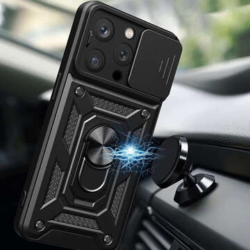 Obrněné pouzdro pro iPhone 15 Pro Camshield Case Ring Alogy Stand s posuvným krytem fotoaparátu, černé