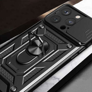 Obrněné pouzdro pro iPhone 15 Pro Camshield Case Ring Alogy Stand s posuvným krytem fotoaparátu, černé