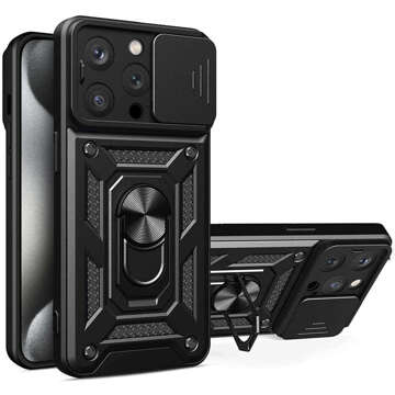 Obrněné pouzdro pro iPhone 15 Pro Camshield Case Ring Alogy Stand s posuvným krytem fotoaparátu, černé