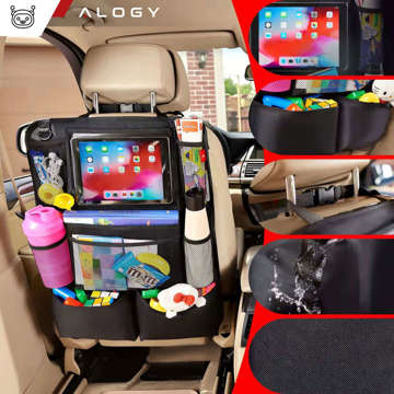 Organizér do auta na autosedačku, zádová opěrka, autosedačka, Alogy chránič na tablet, Černý, 2 držáky