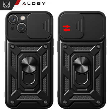 Pancéřové pouzdro pro iPhone 15 Camshield Case Ring Alogy Stand s posuvným krytem fotoaparátu černé sklo