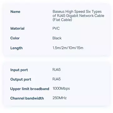 Plochý síťový kabel Baseus Speed ​​Six RJ45 1000Mbps 10m černý (WKJS000201)