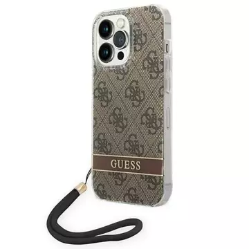 Pouzdro Guess GUOHCP14LH4STW pro Apple iPhone 14 Pro 6,1" hnědý/hnědý pevný obal 4G Print Strap