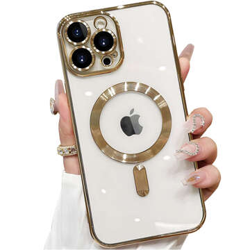 Pouzdro MagSafe pro iPhone 15 Pro Glamour Luxury Slim Ring Cover Alogy Gold Clear Glass