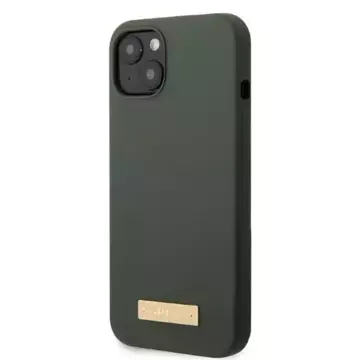 Pouzdro na telefon Guess pro iPhone 13 6,1" zelené/khaki tvrdé silikonové logo Plate MagSafe