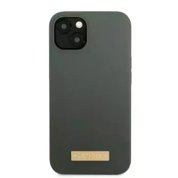 Pouzdro na telefon Guess pro iPhone 13 6,1" zelené/khaki tvrdé silikonové logo Plate MagSafe