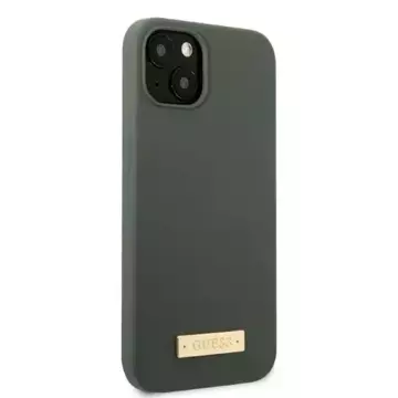 Pouzdro na telefon Guess pro iPhone 13 6,1" zelené/khaki tvrdé silikonové logo Plate MagSafe