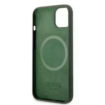 Pouzdro na telefon Guess pro iPhone 13 6,1" zelené/khaki tvrdé silikonové logo Plate MagSafe