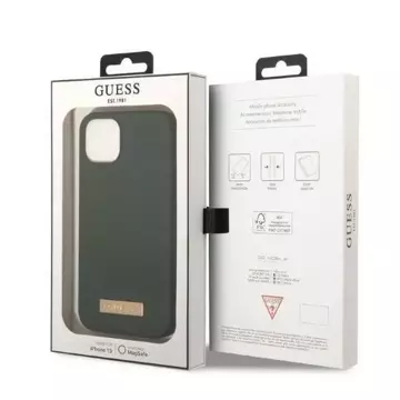 Pouzdro na telefon Guess pro iPhone 13 6,1" zelené/khaki tvrdé silikonové logo Plate MagSafe