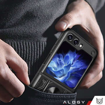 Pouzdro pro Samsung Galaxy Z Flip 5 Armored Ring Case Anti-Shock Camshield Stand Alogy černé