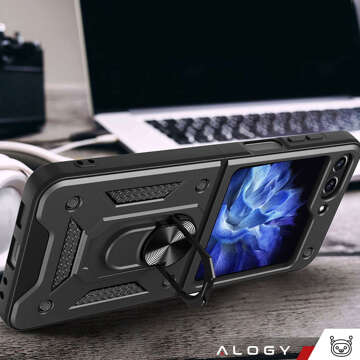 Pouzdro pro Samsung Galaxy Z Flip 5 Armored Ring Case Anti-Shock Camshield Stand Alogy černé