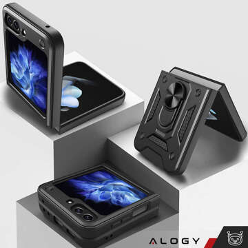 Pouzdro pro Samsung Galaxy Z Flip 5 Armored Ring Case Anti-Shock Camshield Stand Alogy černé