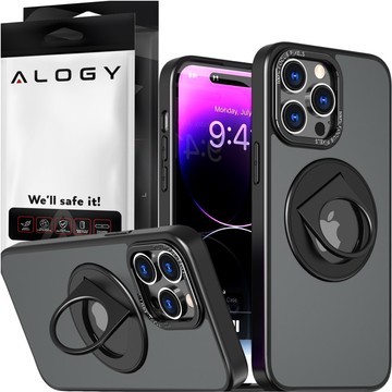 Pouzdro pro iPhone 15 Pro 360 Ring Case Armored Matte Black Magnet Holder Alogy Glass