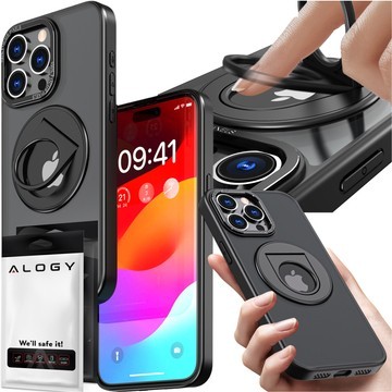 Pouzdro pro iPhone 15 Pro 360 Ring Case Armored Matte Black Magnet Holder Alogy Glass