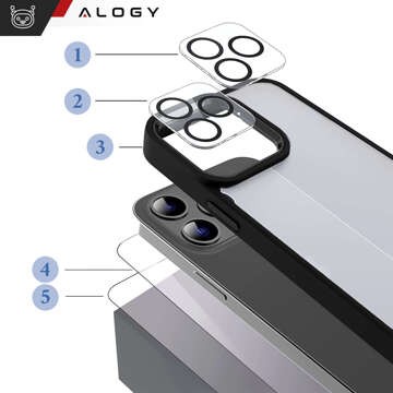 Pouzdro pro iPhone 15 Pro Max Housing Case 2x sklo displeje a 2x pancéřová čočka Alogy 360 Hybrid Set 5v1 černá a průhledná