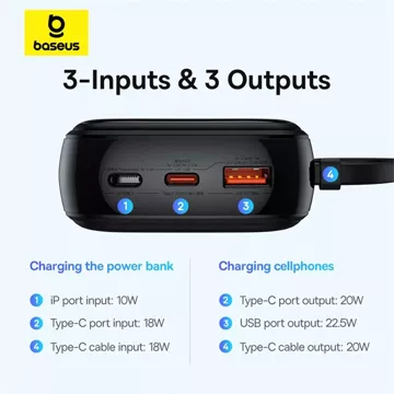 Powerbanka Baseus Qpow Pro 20000mAh 22,5W s vestavěným USB-C kabelem a displejem - černá