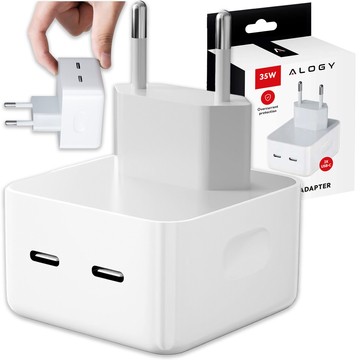 Rychlá 35W nástěnná nabíječka 2x USB-C USB typ C PD pro iPhone Alogy 2portová kostka Bílá