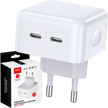 Rychlá 35W nástěnná nabíječka 2x USB-C USB typ C PD pro iPhone Alogy 2portová kostka Bílá